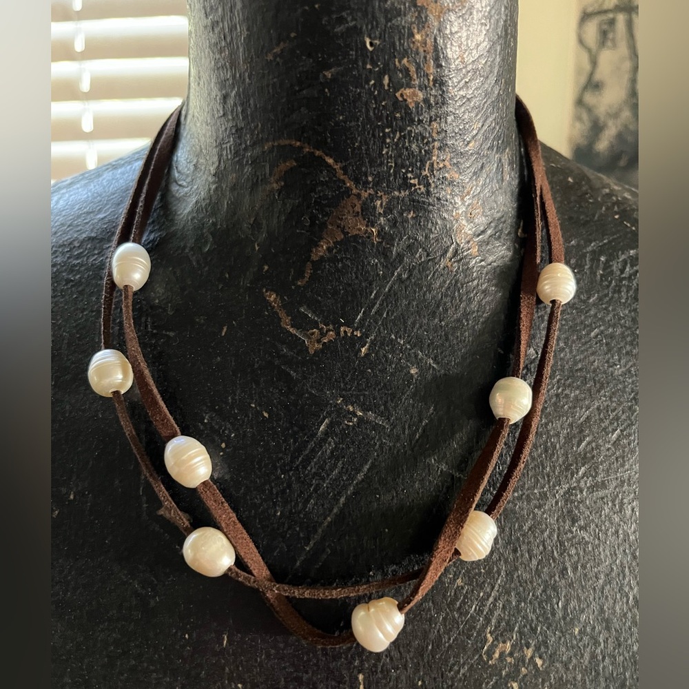 Two Strand 12-13mm White Freshwater Baroque Pearl Leather Cord Necklace 18''